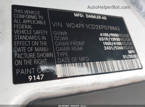 WD4PF1CD2KP078863 2019 MERCEDES-BENZ SPRINTER White Вид підкапотного простору