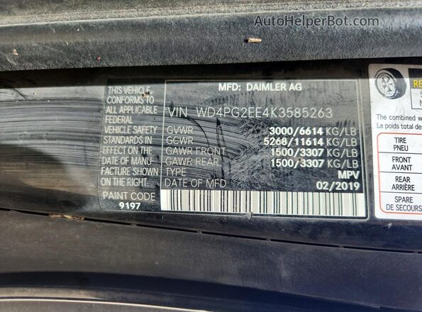 WD4PG2EE4K3585263 2019 MERCEDES-BENZ METRIS Black Вид наклейки з VIN-кодом