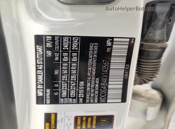 WDC0G4JB4KV143567 2019 MERCEDES-BENZ GLC-CLASS White VIN კოდის სტიკერის ხედი