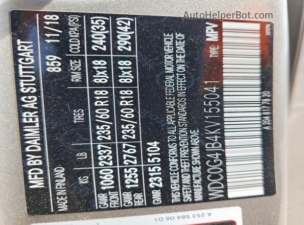 WDC0G4JB4KV155041 2019 MERCEDES-BENZ GLC-CLASS Silver Widok naklejki z numerem VIN