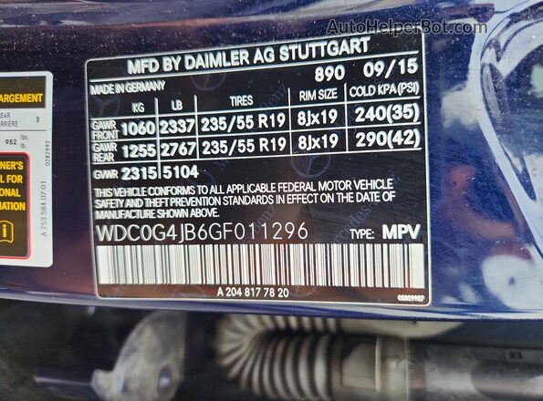 WDC0G4JB6GF011296 2016 MERCEDES-BENZ GLC-CLASS Blue Widok naklejki z numerem VIN