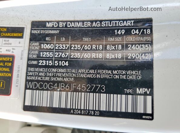 WDC0G4JB6JF452773 2018 MERCEDES-BENZ GLC-CLASS White Вид наклейки з VIN-кодом