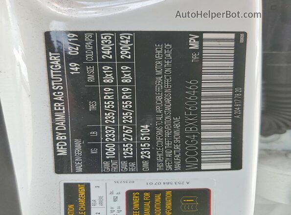 WDC0G4JBXKF606466 2019 MERCEDES-BENZ GLC-CLASS White Vista de la etiqueta del VIN