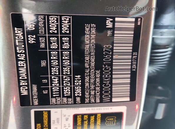 WDC0G4KB0GF106273 2016 MERCEDES-BENZ GLC-CLASS Gray VIN կոդի պիտակի տեսք