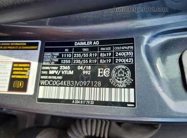 WDC0G4KB3JV097128 2018 MERCEDES-BENZ GLC-CLASS Gray Vista de la etiqueta del VIN