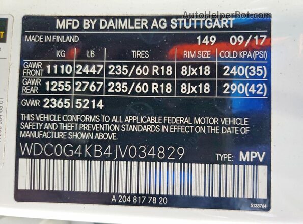 WDC0G4KB4JV034829 2018 MERCEDES-BENZ GLC-CLASS Белый Вид наклейки с VIN-кодом