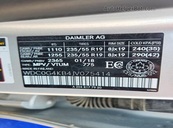 WDC0G4KB4JV075414 2018 MERCEDES-BENZ GLC-CLASS Silver VIN კოდის სტიკერის ხედი