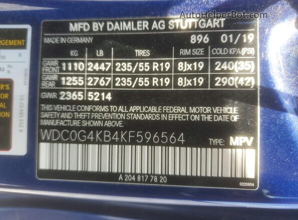 WDC0G4KB4KF596564 2019 MERCEDES-BENZ GLC-CLASS Blue Vista interior de 360 grados