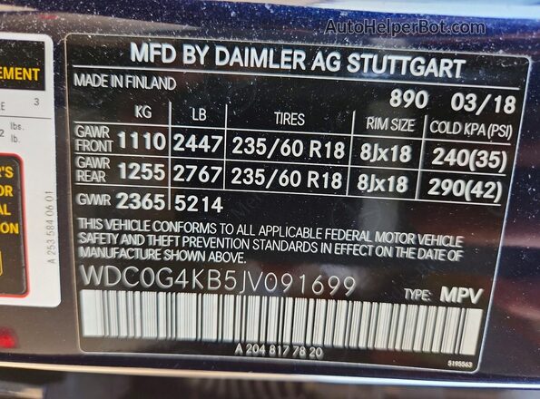 WDC0G4KB5JV091699 2018 MERCEDES-BENZ GLC-CLASS Blue VIN sticker view