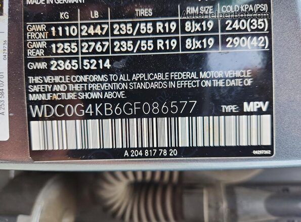 WDC0G4KB6GF086577 2016 MERCEDES-BENZ GLC-CLASS Charcoal Вид наклейки з VIN-кодом