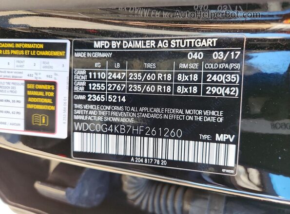 WDC0G4KB7HF261260 2017 MERCEDES-BENZ GLC-CLASS Черный Вид наклейки с VIN-кодом