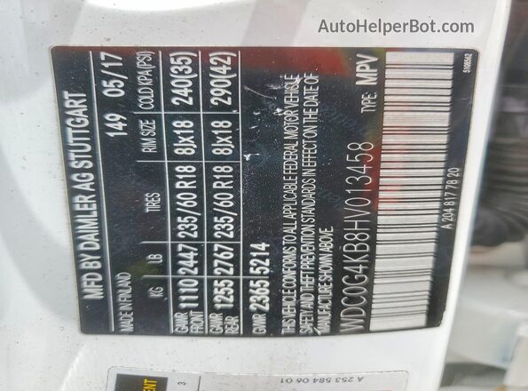 WDC0G4KB8HV013458 2017 MERCEDES-BENZ GLC-CLASS White Widok naklejki z numerem VIN