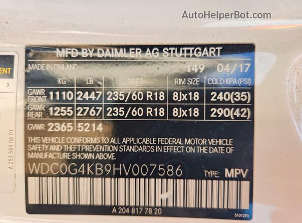 WDC0G4KB9HV007586 2017 MERCEDES-BENZ GLC-CLASS White Widok naklejki z numerem VIN