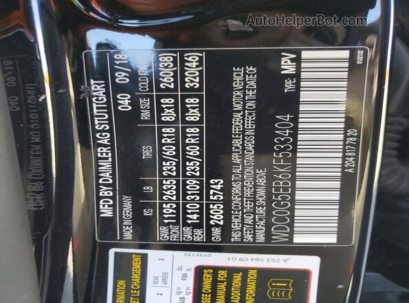 WDC0G5EB6KF533404 2019 MERCEDES-BENZ GLC-CLASS Black Widok naklejki z numerem VIN
