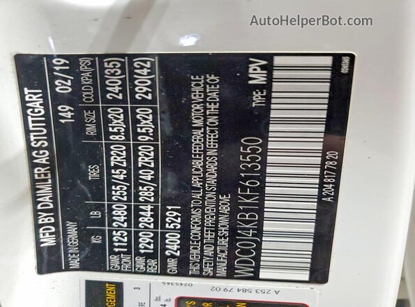 WDC0J4KB1KF613550 2019 MERCEDES-BENZ GLC-CLASS White VIN კოდის სტიკერის ხედი