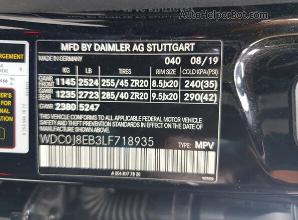 WDC0J8EB3LF718935 2020 MERCEDES-BENZ GLC-CLASS Black VIN კოდის სტიკერის ხედი