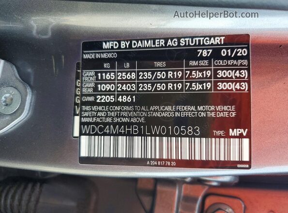WDC4M4HB1LW010583 2020 MERCEDES-BENZ GLB-CLASS Gray Սալոնի 360 աստիճան տեսք