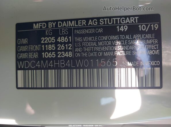 WDC4M4HB4LW011565 2020 MERCEDES-BENZ GLB-CLASS White Widok komory silnika