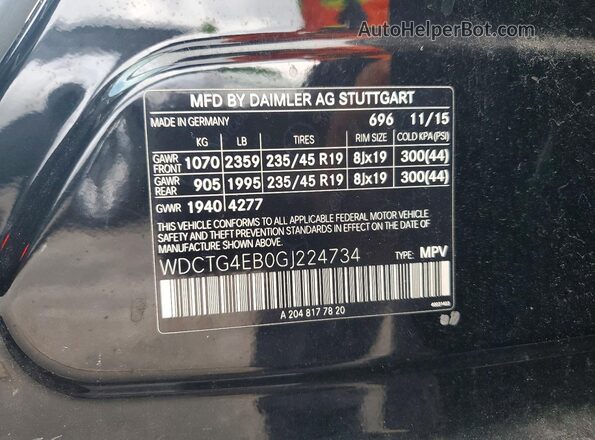 WDCTG4EB0GJ224734 2016 MERCEDES-BENZ GLA Черный Вид наклейки с VIN-кодом