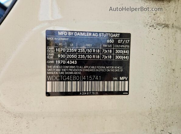 WDCTG4EB0JJ415741 2018 MERCEDES-BENZ GLA Белый Вид наклейки с VIN-кодом