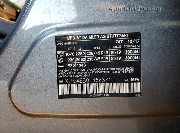 WDCTG4EB0JJ456371 2018 MERCEDES-BENZ GLA Серый Вид наклейки с VIN-кодом