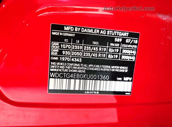 WDCTG4EB0KU001360 2019 MERCEDES-BENZ GLA Red 