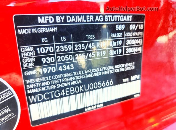 WDCTG4EB0KU005666 2019 MERCEDES-BENZ GLA Red VIN sticker view