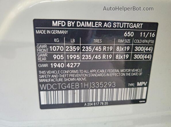 WDCTG4EB1HJ335293 2017 MERCEDES-BENZ GLA White VIN კოდის სტიკერის ხედი