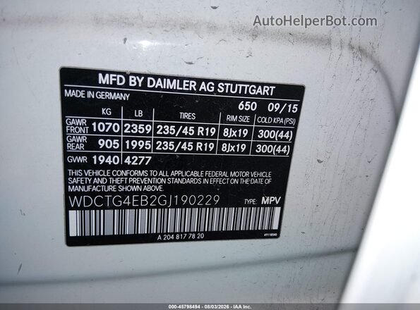 WDCTG4EB2GJ190229 2016 MERCEDES-BENZ GLA 250 White Vista del compartimento del motor