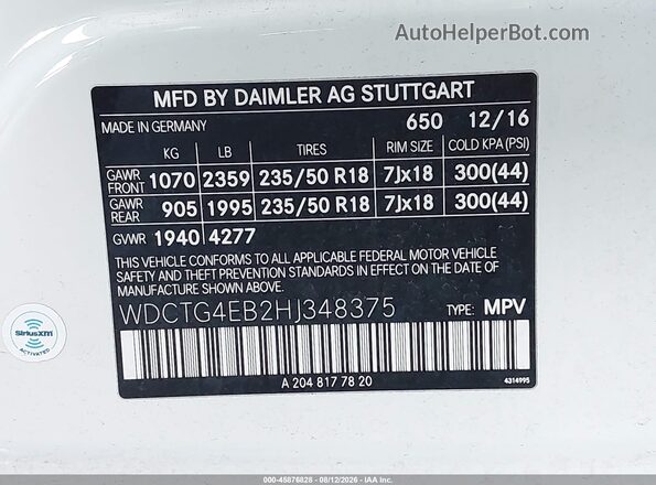WDCTG4EB2HJ348375 2017 MERCEDES-BENZ GLA 250 White ძრავის განყოფილების ხედი