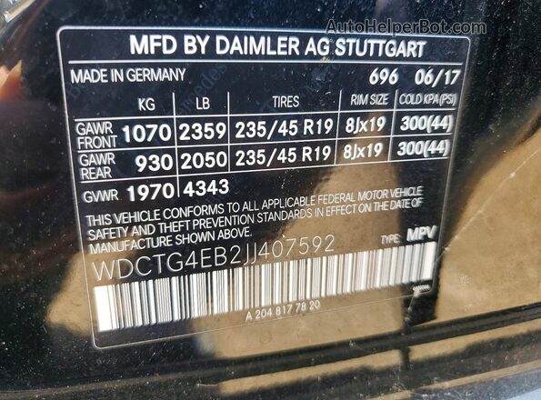 WDCTG4EB2JJ407592 2018 MERCEDES-BENZ GLA Черный Вид наклейки с VIN-кодом