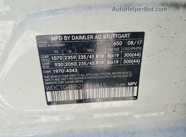 WDCTG4EB2JJ433819 2018 MERCEDES-BENZ GLA White Widok komory silnika