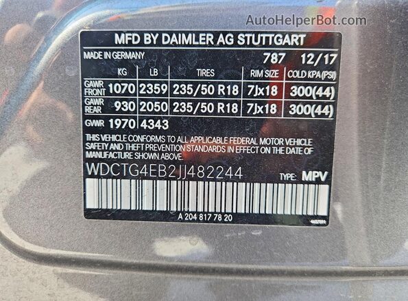 WDCTG4EB2JJ482244 2018 MERCEDES-BENZ GLA Gray Vista interior de 360 grados