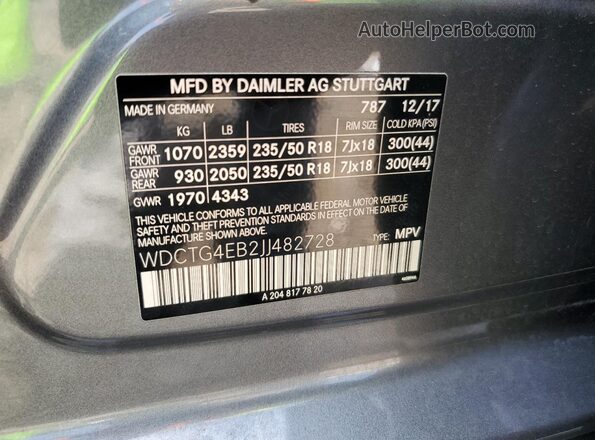 WDCTG4EB2JJ482728 2018 MERCEDES-BENZ GLA Gray VIN კოდის სტიკერის ხედი