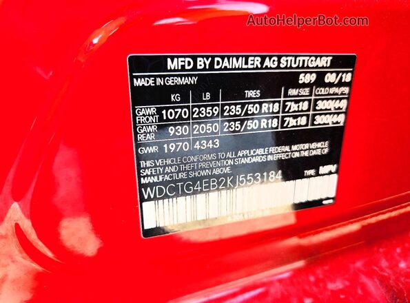 WDCTG4EB2KJ553184 2019 MERCEDES-BENZ GLA Red Widok naklejki z numerem VIN