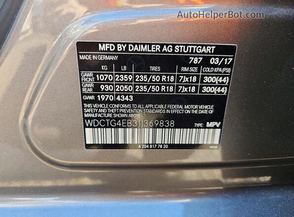 WDCTG4EB3JJ369838 2018 MERCEDES-BENZ GLA Gray Vista interior de 360 grados
