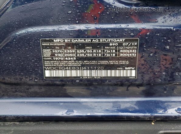 WDCTG4EB3JJ411120 2018 MERCEDES-BENZ GLA Blue Widok naklejki z numerem VIN