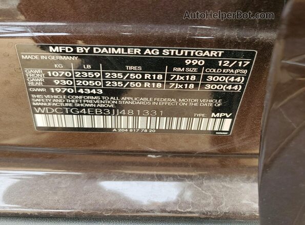 WDCTG4EB3JJ481331 2018 MERCEDES-BENZ GLA Brown Widok komory silnika