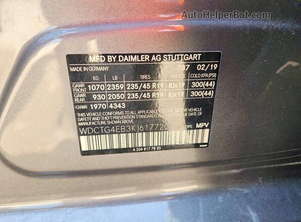 WDCTG4EB3KJ617720 2019 MERCEDES-BENZ GLA Gray სალონის 360-გრადუსიანი ხედი