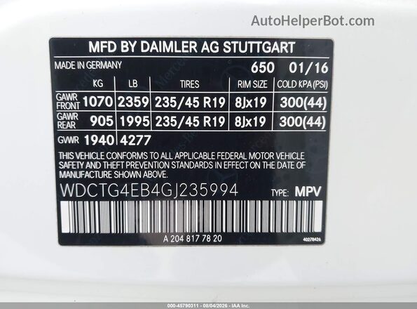 WDCTG4EB4GJ235994 2016 MERCEDES-BENZ GLA 250 Белый Вид подкапотного пространства