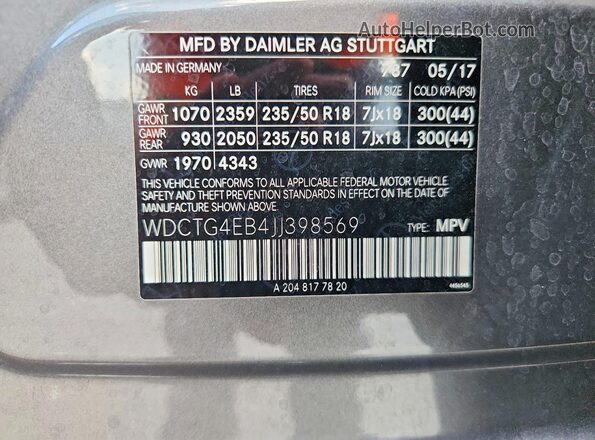 WDCTG4EB4JJ398569 2018 MERCEDES-BENZ GLA Серый Вид наклейки с VIN-кодом