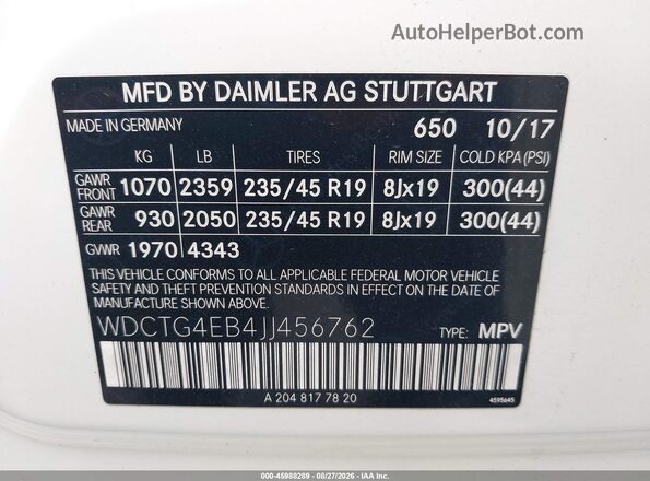 WDCTG4EB4JJ456762 2018 MERCEDES-BENZ GLA 250 White ძრავის განყოფილების ხედი