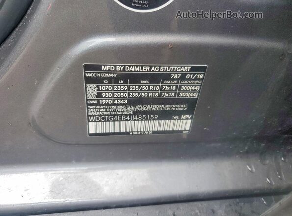 WDCTG4EB4JJ485159 2018 MERCEDES-BENZ GLA Gray Вид наклейки з VIN-кодом