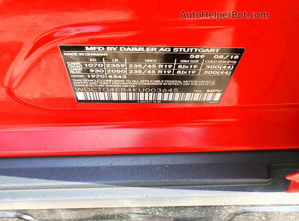 WDCTG4EB4KU003645 2019 MERCEDES-BENZ GLA Red Engine compartment view
