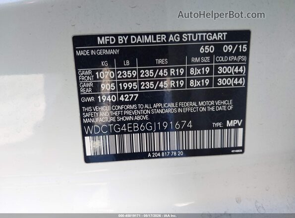WDCTG4EB6GJ191674 2016 MERCEDES-BENZ GLA 250 White Շարժիչի բաժամունքի տեսք