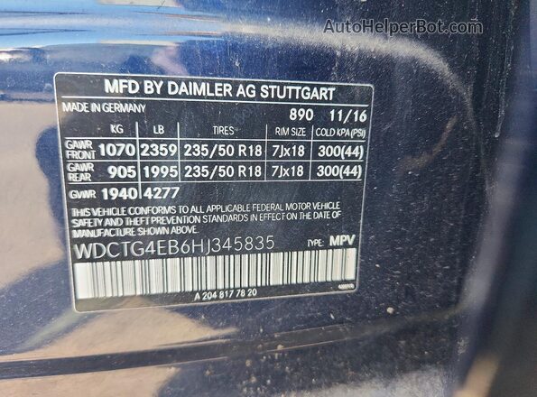 WDCTG4EB6HJ345835 2017 MERCEDES-BENZ GLA Blue Շարժիչի բաժամունքի տեսք