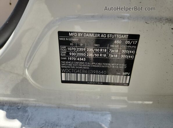WDCTG4EB6JJ398640 2018 MERCEDES-BENZ GLA White Widok naklejki z numerem VIN