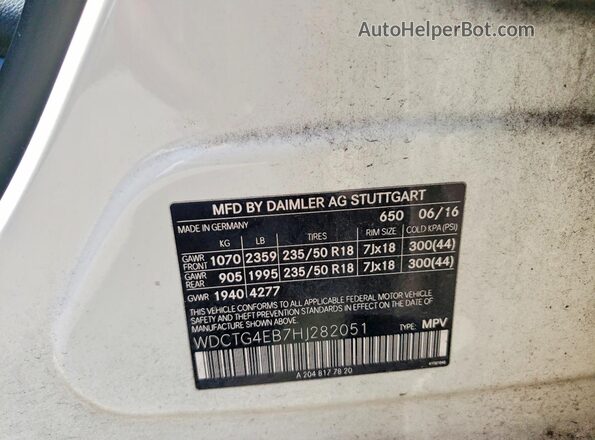 WDCTG4EB7HJ282051 2017 MERCEDES-BENZ GLA-CLASS White VIN კოდის სტიკერის ხედი