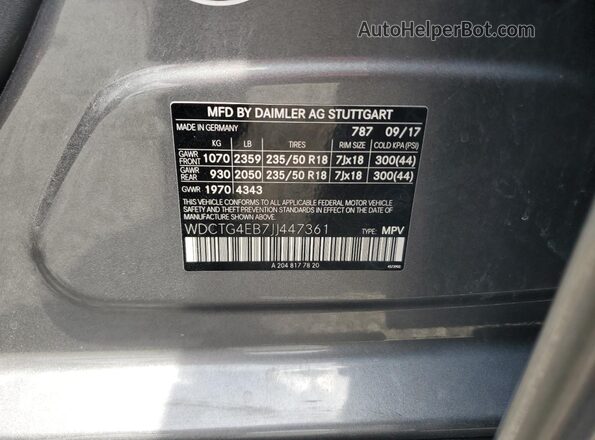 WDCTG4EB7JJ447361 2018 MERCEDES-BENZ GLA Gray Vista de la etiqueta del VIN