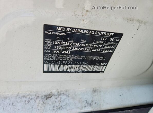 WDCTG4EB7KJ551396 2019 MERCEDES-BENZ GLA Белый Вид наклейки с VIN-кодом